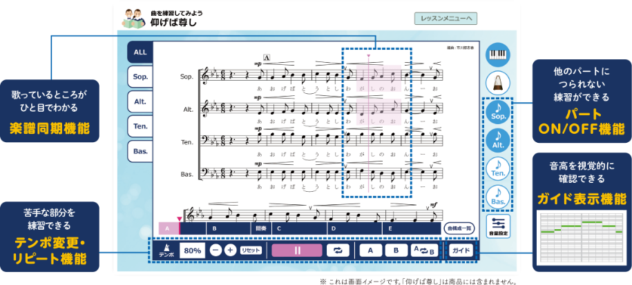 ヤマハデジタル音楽教材 合唱練習の教材画面